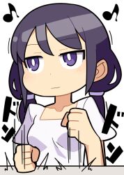 Rule 34 | 1girl, :|, black hair, blush, breasts, bright pupils, clenched hands, closed mouth, commentary request, expressionless, hospital king, long hair, looking afar, low twintails, medium bangs, motion lines, musical note, purple eyes, shirt, simple background, small breasts, solo, square neckline, tamura yuri, twintails, upper body, watashi ga motenai no wa dou kangaetemo omaera ga warui!, white background, white pupils, white shirt