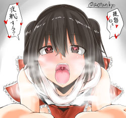 Rule 34 | 10s, 1girl, aotankyo, artist name, black hair, heart, heart-shaped pupils, highres, kantai collection, long hair, looking at viewer, open mouth, oral invitation, red eyes, sendai (kancolle), solo, symbol-shaped pupils, teeth, text focus, tongue, tongue out, translation request, twintails, upper body, uvula