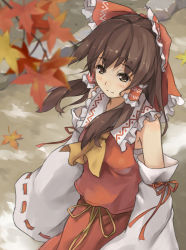 Rule 34 | 1girl, ascot, autumn, blurry, blush, bow, brown eyes, brown hair, depth of field, detached sleeves, female focus, from above, hair bow, hair tubes, hakurei reimu, japanese clothes, light smile, miko, ribbon, short hair, solo, touhou, wide sleeves, xiao qiang (overseas)
