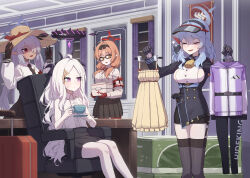Rule 34 | 4girls, absurdres, ahoge, ako (blue archive), armband, bell, black-framed eyewear, black gloves, black hairband, black horns, black skirt, black thighhighs, blue archive, blue hair, blue halo, blush, breasts, brown eyes, brown hair, chair, chinatsu (blue archive), closed eyes, collared shirt, dark-skinned female, dark skin, demon horns, glasses, gloves, grey hair, grey halo, hair between eyes, hair over one eye, hairband, halo, hat, highres, hina (blue archive), horns, indoors, iori (blue archive), kokukyukeo, large breasts, long hair, long sleeves, multiple girls, multiple horns, neck bell, open mouth, pantyhose, pleated skirt, pointy ears, purple eyes, red armband, red eyes, red gloves, red halo, red pantyhose, shirt, sideboob, sitting, skirt, sleeveless, sleeveless shirt, small breasts, smile, straw hat, suitcase, thighhighs, twintails, two-tone gloves, white hair, white shirt, window