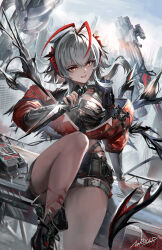 Rule 34 | 1girl, antennae, arknights, az&#039;ruler, brown eyes, commentary, dagger, grey hair, highres, holding, holding dagger, holding knife, holding weapon, jacket, knife, midriff, outdoors, red jacket, reverse grip, sitting, solo, thighs, w (arknights), weapon, wis&#039;adel (arknights)