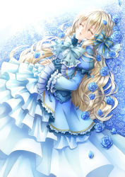 Rule 34 | 1girl, bad id, bad pixiv id, blonde hair, blue bow, blue bowtie, blue dress, blue flower, blue rose, bow, bowtie, braid, closed eyes, dress, flower, frilled dress, frills, hair between eyes, hair bow, interlocked fingers, juliet sleeves, lace, long hair, long sleeves, lying, on back, original, own hands clasped, own hands together, petals, puffy sleeves, rose, sleeping, solo, ueno tsuki, very long hair