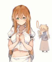 Rule 34 | ..., 2girls, alternate costume, alternate hairstyle, apron, blonde hair, blush, breasts, brown hair, buttoning, buttons, cleavage, closed mouth, collarbone, commentary request, cosplay, costume switch, enmaided, faceless, g36 (girls&#039; frontline), girls&#039; frontline, green eyes, hair between eyes, hair ribbon, holding, holding mirror, imoko (imonatsuki), jacket, large breasts, long hair, long skirt, long sleeves, looking at breasts, looking back, maid, mirror, multiple girls, puffy short sleeves, puffy sleeves, ribbon, shirt, short sleeves, sidelocks, simple background, skirt, springfield (girls&#039; frontline), twintails, unbuttoned, unbuttoned shirt, very long hair, white background, worried