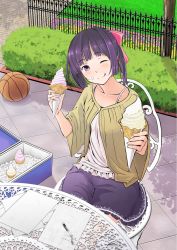 Rule 34 | 1girl, ;q, bad id, bad pixiv id, ball, basketball, basketball (object), chair, food, food on face, highres, ice cream, ice cream cone, ice cream on face, looking at viewer, one eye closed, original, purple eyes, purple hair, sitting, solo, tongue, tongue out, wink, yoropa