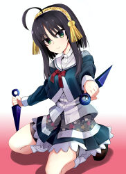 Rule 34 | 1girl, ahoge, black hair, blush, bow, closed mouth, commentary request, cropped jacket, eyelashes, eyes visible through hair, frilled skirt, frills, gradient background, green eyes, green jacket, green skirt, hair between eyes, hair ornament, hairband, highres, hitachi mako, holding, holding weapon, jacket, kneeling, knees out of frame, kunai, leaf print, long sleeves, looking at viewer, loose socks, miniskirt, nazo no murasame chiaki, ninja, official alternate costume, parted bangs, pink background, red bow, sailor collar, school uniform, senren banka, shirt, short hair with long locks, simple background, skirt, smile, socks, solo, straight hair, tassel, tassel hair ornament, weapon, white background, white hairband, white sailor collar, white shirt, white socks, yellow tassel
