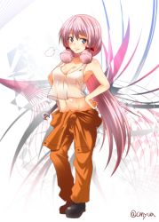 Rule 34 | 10s, 1girl, akashi (kancolle), bare arms, bare shoulders, blue eyes, breasts, chemise, cleavage, collarbone, contrapposto, groin, hands on own hips, kantai collection, long hair, looking at viewer, midriff, navel, no bra, overalls, pink hair, see-through, solo, standing, very long hair, wrench, yua (checkmate)