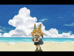 Rule 34 | 1girl, :d, ^ ^, animal crossing, arm up, artist name, audie (animal crossing), bag, beach, black sailor collar, black skirt, blue bag, blue sky, brown footwear, closed eyes, cloud, commentary request, day, food, fox girl, furry, furry female, happy, highres, holding, holding food, holding popsicle, horizon, kaji (oni atat), letterboxed, neckerchief, nintendo, ocean, open mouth, outdoors, pleated skirt, popsicle, red neckerchief, sailor collar, sailor shirt, sand, school bag, school uniform, seashell, serafuku, shell, shirt, shoes, short sleeves, shoulder bag, skirt, sky, sleeve cuffs, smile, socks, solo, standing, twitter username, water, white shirt, white socks