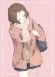 Rule 34 | 1girl, bag, black bag, black skirt, brown hair, buttons, closed mouth, coat, commentary, cowboy shot, double-breasted, highres, hyouka, ibara mayaka, inset border, leaning to the side, light smile, long sleeves, looking afar, looking to the side, making-of available, one eye closed, orange coat, pink background, pleated skirt, rb2, red eyes, scarf, school uniform, shirt, short hair, shoulder bag, simple background, skirt, smile, solo, thighs, white scarf, white shirt
