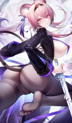 Rule 34 | 1girl, absurdres, animal ears, areola slip, arknights, ass, binggong asylum, black jacket, black pantyhose, breasts, cameltoe, cleft of venus, closed mouth, covered erect nipples, cross-laced clothes, earrings, from behind, hairband, highres, holding, holding sword, holding weapon, huge ass, jacket, jewelry, jumping, large breasts, lin (arknights), long hair, long sleeves, looking at viewer, looking back, mouse ears, mouse girl, mouse tail, pantyhose, pink eyes, pink hair, sideboob, soles, solo, sword, tail, thighband pantyhose, weapon