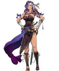 Rule 34 | 1girl, armor, bare shoulders, belt, breasts, chyko, cleavage, closed mouth, collarbone, dagger, dark-skinned female, dark skin, dress, eyepatch, fire emblem, fire emblem: mystery of the emblem, fire emblem heroes, full body, gloves, gold trim, hands on own hips, highres, knife, large breasts, lips, long hair, looking at viewer, malice (fire emblem), muscular, muscular female, nintendo, official art, pelvic curtain, purple eyes, sheath, sheathed, shiny skin, shoulder armor, smile, solo, standing, strapless, strapless dress, sword, tan, toeless footwear, toes, transparent background, weapon