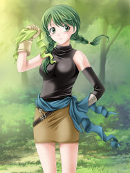 Rule 34 | 1girl, asymmetrical clothes, bare shoulders, braid, breasts, fire emblem, fire emblem: the blazing blade, gloves, green eyes, green hair, hair over shoulder, highres, matching hair/eyes, medium breasts, nintendo, rebecca (fire emblem), skirt, sleeveless, sleeveless turtleneck, smile, solo, tamamon, turtleneck, twin braids, twintails