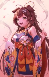 Rule 34 | 1girl, animal ears, bone hair ornament, breasts, brown hair, cherry blossoms, cleavage, detached sleeves, dog ears, fangs, hair ornament, highres, hololive, inugami korone, inugami korone (new year), japanese clothes, kimono, long hair, looking at viewer, medium breasts, obi, peaceablecolt, pointing, pointing up, sash, sleeveless, sleeveless kimono, smile, solo, virtual youtuber, wide sleeves