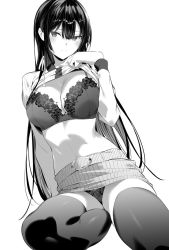 Rule 34 | 1girl, blunt bangs, blush, bra, breasts, cleavage, closed mouth, clothes lift, greyscale, hair between eyes, hair ribbon, haitekudasai takamine-san, hiiragi yuuichi, lace, lace-trimmed bra, lace-trimmed panties, lace trim, large breasts, lifted by self, long hair, long sleeves, looking at viewer, midriff, monochrome, navel, panties, ribbon, shirt, shirt lift, simple background, sitting, skirt, smile, solo, takamine takane, thighhighs, thighs, underwear, very long hair, white background