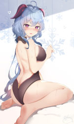 Rule 34 | 1girl, absurdres, ahoge, ass, back, backless leotard, bare arms, bare legs, bare shoulders, barefoot, black bow, black leotard, blue hair, bow, breasts, from behind, frown, ganyu (genshin impact), genshin impact, goat horns, heart, heart-shaped pupils, heavy breathing, highres, horns, large breasts, leotard, long hair, looking at viewer, looking back, low ponytail, purple eyes, sitting, solo, sweat, symbol-shaped pupils, thighs, usagi poi, very long hair, wariza