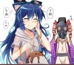 Rule 34 | 2girls, :t, ^ ^, bangle, belt, black belt, black headwear, blue bow, blue hair, blush, bow, bracelet, breasts, closed eyes, coat, commentary request, curry, debt, drawstring, dress, drill hair, e.o., facing viewer, food, gas mask, grey hoodie, hair bow, hand on own cheek, hand on own face, hand up, hands up, hat, highres, holding, holding spoon, hood, hoodie, jewelry, long hair, mask, medium breasts, multiple girls, open clothes, open coat, pendant, purple coat, red bow, rice, short sleeves, siblings, simple background, sisters, speech bubble, spoon, sweat, top hat, touhou, translation request, twin drills, twintails, upper body, v-shaped eyebrows, very long hair, white background, white dress, yorigami jo&#039;on, yorigami shion