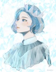 Rule 34 | 1girl, alternate costume, artist name, blue eyes, blue hair, closed mouth, commentary, cropped shoulders, crown, dress, earrings, facial tattoo, from side, hair over one eye, heart, heart tattoo, highres, jewelry, kirishima touka, male focus, profile, pukukoja, short hair, smile, solo, symbol-only commentary, tattoo, tokyo ghoul, upper body, white background
