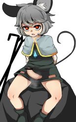 Rule 34 | 1futa, animal ears, arms behind back, bar censor, boots, capelet, censored, chestnut mouth, clothing cutout, crystal, dowsing rod, dress, epic armageddon, foreskin, futanari, grey dress, grey hair, highres, mouse ears, mouse tail, nazrin, open mouth, orange eyes, penis, pointless censoring, raised eyebrows, sitting, solo, sweat, tail, touhou, white sleeves