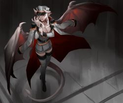 Rule 34 | 1girl, absurdres, belt, boots, breasts, cape, cleavage, collarbone, commission, demon girl, demon horns, demon tail, demon wings, epaulettes, frown, full body, glove pull, gloves, grey footwear, hair over one eye, hand up, hat, high heel boots, high heels, highres, horns, huge filesize, jacket, jacket on shoulders, large breasts, less, lilim (monster girl encyclopedia), long hair, long sleeves, looking away, miniskirt, monster girl encyclopedia, pencil skirt, pointy ears, red eyes, serious, skirt, solo, standing, tail, thigh boots, thighhighs, victoria (lilim), white gloves, white hair, wings, zettai ryouiki