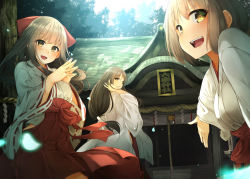 Rule 34 | 3girls, architecture, box, commentary request, day, donation box, dutch angle, east asian architecture, from behind, hair between eyes, hair blowing, hand in own hair, highres, hip vent, japanese clothes, light brown hair, long hair, looking at viewer, looking back, low-tied long hair, miko, multiple girls, open hand, open mouth, original, outdoors, outstretched arm, petals, rerrere, ribbon-trimmed sleeves, ribbon trim, rope, shide, shimenawa, shrine, steepled fingers, teeth, tree, upper body, upper teeth only, very long hair, wind, yellow eyes