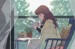 Rule 34 | 1girl, ashtray, balcony, black eyes, blush, book, brown hair, chair, cigarette, commentary request, cup, ddini, highres, holding, holding cigarette, holding cup, korean commentary, light particles, long hair, long sleeves, original, parted lips, pillow, plant, potted plant, profile, shawl, sitting, solo, sunlight, table, tree