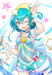 Rule 34 | 1girl, ;d, armpits, blue choker, blue eyes, blue hair, breasts, bubble skirt, choker, collarbone, cure milky, earrings, hagoromo lala, hair between eyes, hair ornament, jewelry, looking at viewer, magical girl, matsumotoke, medium breasts, one eye closed, open mouth, precure, shooting star hair ornament, short hair, skirt, smile, solo, star-shaped pupils, star (symbol), star earrings, star hair ornament, star twinkle precure, symbol-shaped pupils, v, wrist cuffs