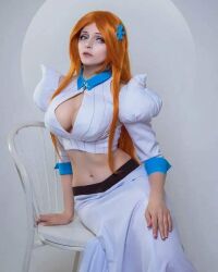 Rule 34 | 1girl, bleach, breasts, cleavage, cleavage cutout, clothing cutout, cosplay, inoue orihime, inoue orihime (cosplay), large breasts, looking at viewer, orange hair, photo (medium), solo, tagme