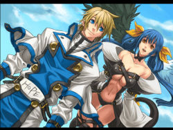 Rule 34 | 1boy, 1girl, arc system works, asymmetrical wings, bare shoulders, blonde hair, blue eyes, blue hair, breasts, choker, cleavage, couple, dizzy (guilty gear), flying, guilty gear, guilty gear x, guilty gear xx, guilty gear xx accent core, happy, hetero, ky kiske, large breasts, long hair, midriff, official art, red eyes, ribbon, short hair, sky, tail, tail ornament, tail ribbon, thighhighs, twintails, underboob, wings