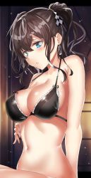 Rule 34 | 1girl, bare arms, bare shoulders, black bra, black hair, black ribbon, blue eyes, blush, bra, breasts, checkered ribbon, collarbone, commentary, earrings, hair between eyes, hair ribbon, halterneck, head tilt, highres, indoors, jewelry, large breasts, letterboxed, moruchi (rinaka moruchi), navel, original, outside border, parted lips, ribbon, short hair, sidelocks, sitting, solo, stomach, strap gap, twintails, underwear, white ribbon