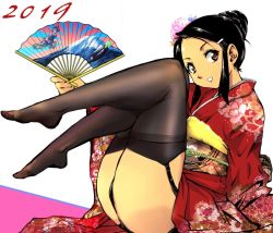 Rule 34 | 1girl, 2019, black hair, black panties, black thighhighs, brown eyes, commentary request, floral print, flower, garter straps, hair flower, hair ornament, hairclip, hand fan, hand up, holding, holding fan, japanese clothes, kamisimo 90, kimono, knees up, looking at viewer, new year, original, panties, pink flower, print kimono, red kimono, sash, short hair, sidelocks, simple background, solo, thighhighs, underwear