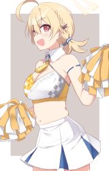 Rule 34 | 1girl, ahoge, akane souichi, alternate costume, alternate hairstyle, blonde hair, blue archive, breasts, cleavage, halo, happy, highres, kotori (blue archive), kotori (cheer squad) (blue archive), large breasts, looking at viewer, millennium cheerleader outfit (blue archive), navel, open mouth, paid reward available, pom pom (cheerleading), red eyes, skindentation, smile, solo
