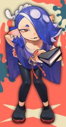 Rule 34 | 1girl, blue hair, earrings, facing viewer, full body, hand fan, hand on own hip, highres, jewelry, knifedragon, leaning forward, looking at viewer, nintendo, octoling player character, paper fan, poncho, red background, red eyes, shiver (splatoon), smile, solo, splatoon (series), splatoon 3, tentacle hair