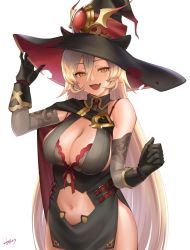 Rule 34 | 1girl, black dress, black gloves, blonde hair, blush, bra, bra peek, bra strap, breasts, cape, capelet, cleavage, cleavage cutout, clothing cutout, dress, elbow gloves, fang, gloves, hair between eyes, hat, holding, large breasts, long hair, looking at viewer, navel, navel cutout, nijisanji, nui sociere, nui sociere (1st costume), open mouth, partially fingerless gloves, red bra, skin fang, skindentation, sleeveless, sleeveless dress, slit pupils, solo, thick thighs, thighs, underwear, very long hair, virtual youtuber, white background, witch hat, yasawa kichi, yellow eyes, yswkt