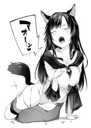 Rule 34 | 1girl, animal ears, blush, breasts, collarbone, dress, closed eyes, fangs, gem, greyscale, highres, howling, imaizumi kagerou, large breasts, long hair, monochrome, open mouth, paw pose, saryuu (iriomote), signature, solo, speech bubble, tail, touhou, wolf ears, wolf tail
