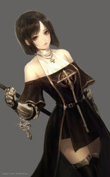 Rule 34 | 00s, 1girl, bare shoulders, black eyes, black hair, cowboy shot, cross, dress, dungeon and fighter, female focus, female priest (dungeon and fighter), gauntlets, grey background, highres, shale, short hair, simple background, solo, standing, thighhighs