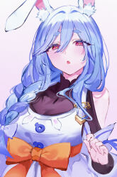 Rule 34 | 1girl, absurdres, animal ear fluff, animal ears, apron, blue hair, blush, bodystocking, bow, braid, braided ponytail, breasts, clothing cutout, highres, hololive, large breasts, long hair, long sleeves, looking at viewer, mature female, mile (off8mile), open mouth, pekomama, rabbit ears, rabbit girl, red eyes, short eyebrows, shoulder cutout, solo, thick eyebrows, virtual youtuber, white apron