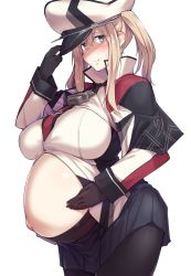 Rule 34 | 1girl, belly, breasts, cross, graf zeppelin (kancolle), hat, highres, iron cross, kantai collection, kuronyan, maternity pantyhose, peaked cap, pregnant, skirt, thighhighs, white background