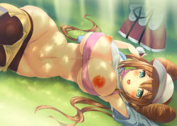 Rule 34 | 10s, 1girl, akanagi youto, alternate breast size, alternate color, bad id, bad pixiv id, bag, black pantyhose, blue eyes, blush, breasts, brown hair, cleavage, clothes lift, clothes pull, creatures (company), dappled sunlight, double bun, game freak, grass, groin, hair bun, handbag, happy, hip focus, holding, holding poke ball, huge breasts, large breasts, leggings, long hair, looking at viewer, lying, midriff, navel, nintendo, nipples, on back, on grass, on side, open mouth, pantyhose, pantyhose pull, poke ball, pokemon, pokemon bw2, raglan sleeves, rosa (pokemon), shirt lift, shorts, shorts pull, skirt, solo, sunlight, thighs, tongue, twintails, undressing, visor cap, wide hips