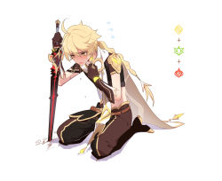 Rule 34 | 1boy, aether (genshin impact), ahoge, blonde hair, blush, earrings, flying sweatdrops, genshin impact, gloves, hair between eyes, hei lang, highres, holding, holding sword, holding weapon, jewelry, long hair, male focus, pants, short sleeves, simple background, single earring, sitting, solo, sweat, sword, weapon, white background, yellow eyes