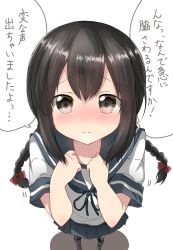 Rule 34 | 10s, 1girl, black hair, blue skirt, blurry, blush, braid, brown eyes, commentary request, depth of field, hair ornament, hair ribbon, hands on own chest, highres, isonami (kancolle), kantai collection, long hair, looking at viewer, looking up, pentagon (railgun ky1206), ribbon, school uniform, serafuku, short sleeves, simple background, skirt, solo, standing, text focus, translation request, twin braids, uniform, white background