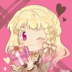 Rule 34 | 1girl, :3, blonde hair, braid, brown shirt, chibi, chinese commentary, choker, closed mouth, colored eyelashes, commentary request, gift, gradient hair, hair ribbon, heart, helliphellip913, holding, holding gift, long hair, long sleeves, love live!, love live! superstar!!, multicolored hair, one eye closed, onitsuka natsumi, pink eyes, pink hair, ribbon, ribbon choker, shirt, single braid, solo, yellow ribbon