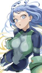 Rule 34 | 1girl, absurdres, antenna hair, belly, blue eyes, blue hair, boku no hero academia, breasts, collarbone, fengling (furin-jp), gloves, groin, hadou nejire, highres, large breasts, long hair, looking at viewer, navel, open mouth, perspective, simple background, solo, tight clothes, very long hair, white background