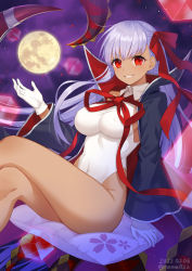Rule 34 | 1girl, bare legs, bb (fate), bb (fate) (all), bb (swimsuit mooncancer) (fate), bb (swimsuit mooncancer) (third ascension) (fate), black coat, coat, covered navel, cowboy shot, crossed legs, cushion, dark-skinned female, dark skin, eyelashes, fate/grand order, fate (series), full moon, gloves, grin, hair ribbon, highleg, highleg leotard, leotard, light purple hair, long hair, looking at viewer, moon, noma (kifyz23), parted lips, popped collar, red eyes, red ribbon, ribbon, smile, solo, tan, tentacles, white gloves, white leotard