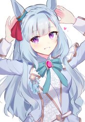 Rule 34 | 1girl, animal ears, arms up, blue bow, blue hair, bow, braid, commentary request, crown braid, ear ornament, gem, heart, highres, horse ears, horse girl, jacket, long hair, long sleeves, mejiro ardan (neige emeraude) (umamusume), mejiro ardan (umamusume), moe (lmi84), official alternate costume, open mouth, purple eyes, simple background, smile, solo, umamusume, upper body, vest, white background, white jacket, white vest