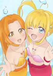 Rule 34 | 2girls, blonde hair, blue eyes, blush, earrings, highres, jewelry, long hair, mermaid, mermaid melody pichi pichi pitch, monster girl, multiple girls, nanami lucia, necklace, one eye closed, orange eyes, orange hair, seira (mermaid melody pichi pichi pitch), shell, shell bikini, shell necklace, twintails, wink