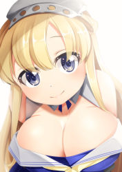 Rule 34 | 1girl, blonde hair, blue eyes, blue shirt, breasts, cleavage, close-up, commentary request, double bun, fletcher (kancolle), hair bun, hairband, highres, kantai collection, large breasts, long hair, looking at viewer, neckerchief, off shoulder, sailor collar, school uniform, serafuku, shirt, simple background, smile, solo, upper body, white background, white sailor collar, yasume yukito, yellow neckerchief