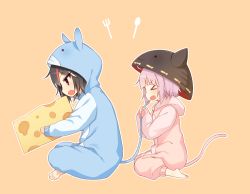 Rule 34 | 2girls, animal ears, animal hood, bad id, bad pixiv id, barefoot, black hair, bowl, cat ears, cat tail, cheese, closed eyes, fake animal ears, fake tail, food, fork, full body, holding, holding another&#039;s tail, holding with tail, hood, kijin seija, light purple hair, long sleeves, mouse ears, mouse tail, multicolored hair, multiple girls, object on head, open mouth, orange background, pajamas, prehensile tail, profile, red eyes, red hair, shnva, short hair, simple background, sitting, smile, spoon, sukuna shinmyoumaru, tail, touhou, white hair