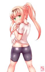 Rule 34 | 10s, 1girl, alternate costume, alternate hairstyle, arm up, ass, bike shorts, black ribbon, blonde hair, blush, butt crack, dated, gradient hair, green eyes, gym shirt, gym uniform, hair ribbon, high ponytail, highres, holding, holding hair, kanon (kurogane knights), kantai collection, long hair, looking at viewer, looking back, mouth hold, multicolored hair, ponytail, ribbon, shirt, short sleeves, side-tie costume, simple background, solo, twitter username, white background, yuudachi (kancolle)