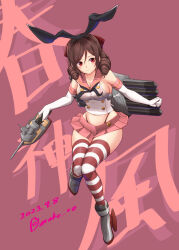 Rule 34 | 1girl, adapted turret, black hairband, black neckerchief, black panties, bow, breasts, brown hair, cannon, cosplay, drill hair, elbow gloves, gloves, hair bow, hairband, harukaze (kancolle), highleg, highleg panties, kantai collection, medium breasts, microskirt, moke ro, neckerchief, panties, pink sailor collar, pink skirt, pleated skirt, red bow, red eyes, rigging, sailor collar, shimakaze (kancolle), shimakaze (kancolle) (cosplay), skirt, smile, solo, striped clothes, striped thighhighs, thighhighs, thong, torpedo, torpedo launcher, twin drills, underwear, white gloves