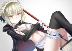 Rule 34 | 1girl, apron, artoria pendragon (all), artoria pendragon (alter swimsuit rider) (fate), artoria pendragon (alter swimsuit rider) (second ascension) (fate), artoria pendragon (fate), between legs, bikini, bikini under clothes, black bow, black bowtie, black jacket, black skirt, black thighhighs, blonde hair, blush, bow, bowtie, braid, breasts, breasts apart, bridal garter, broom, choker, closed mouth, commentary request, cowboy shot, fate/grand order, fate (series), fingernails, french braid, frilled apron, frilled choker, frilled skirt, frills, groin, hair between eyes, hair bun, hands up, holding, holding broom, holding weapon, hood, hood down, hooded jacket, jacket, long sleeves, looking at viewer, maid, maid bikini, maid headdress, medium breasts, miniskirt, mop, navel, off shoulder, open clothes, open jacket, saber (fate), saber alter, short hair, sidelocks, simple background, single hair bun, skirt, small breasts, solo, staring, stomach, swimsuit, templus, thighhighs, tsurime, unconventional maid, weapon, white apron, white choker, yellow eyes