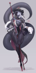 Rule 34 | 1girl, absurdres, bracelet, braid, breasts, colored skin, cyborg, grey background, grey skin, hat, high heels, highres, horn ornament, horns, huge breasts, ill (ub1mo), jewelry, jiangshi, long hair, long tail, looking at viewer, mechanical arms, ofuda, ofuda on head, original, pelvic curtain, puffy sleeves, qingdai guanmao, simple background, solo, standing, standing on one leg, tail, tongue, tongue out, ub1mo, very long hair, very long tail, white hair